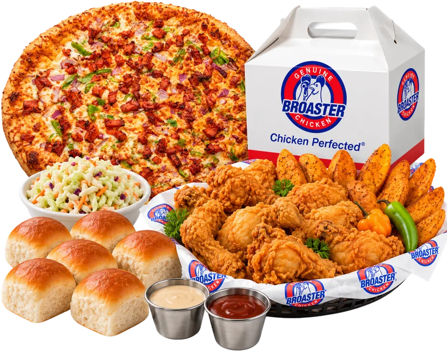 Pizza with a 10-piece Broaster Chicken family deal, rolls, coleslaw and dips